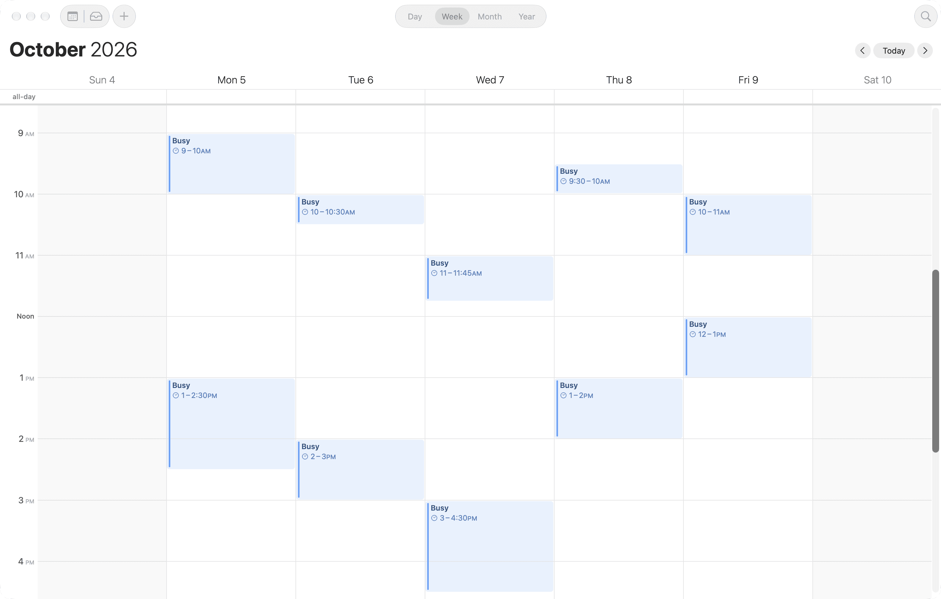 The same week in Apple Calendar, where each meeting is a plain Busy block