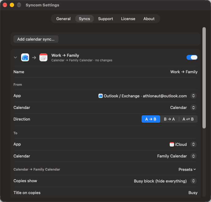 Syncom settings, showing a sync's direction and the choice of what its copies show