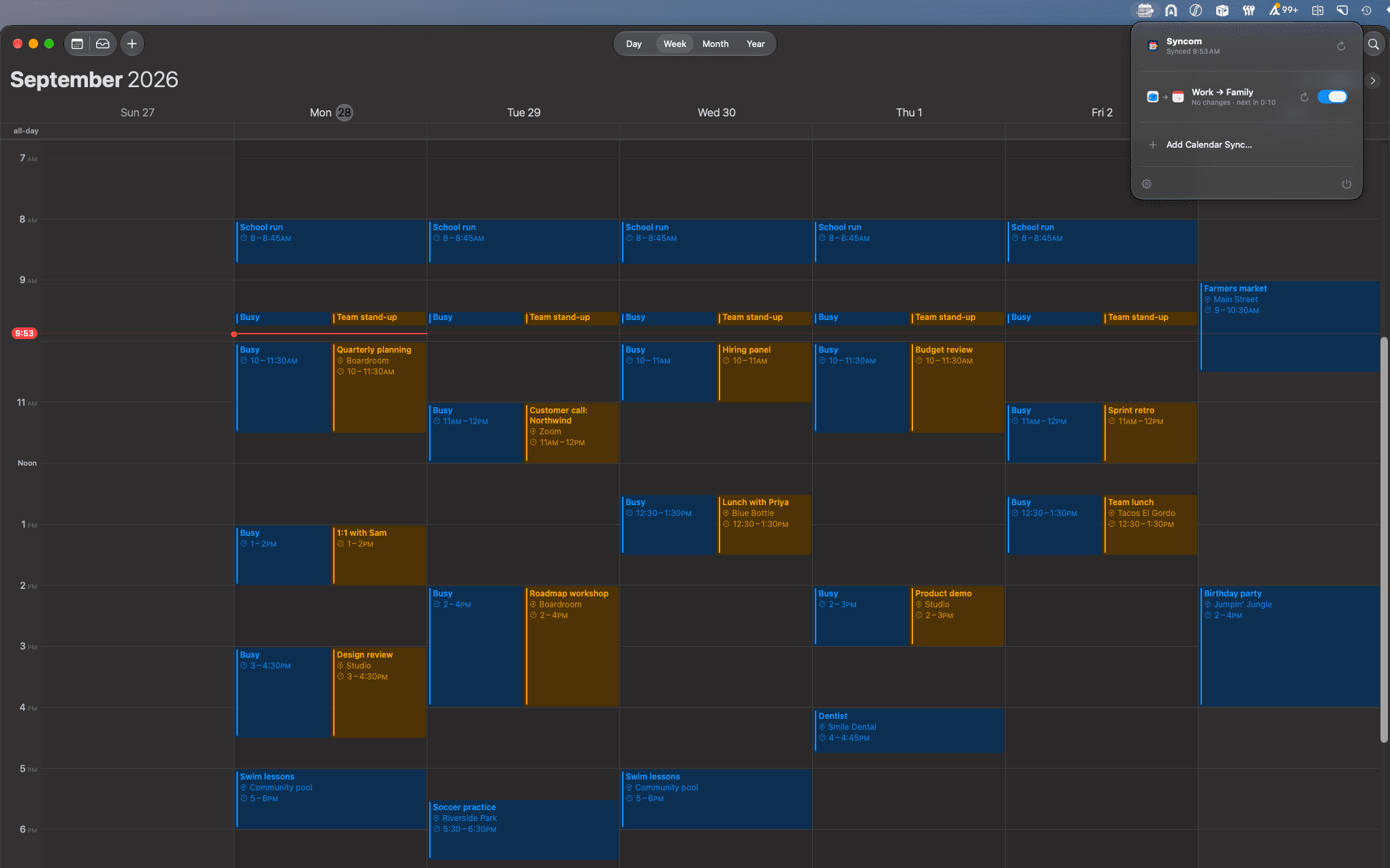 Apple Calendar showing work meetings next to their busy-block copies in a family calendar, with the Syncom menu open