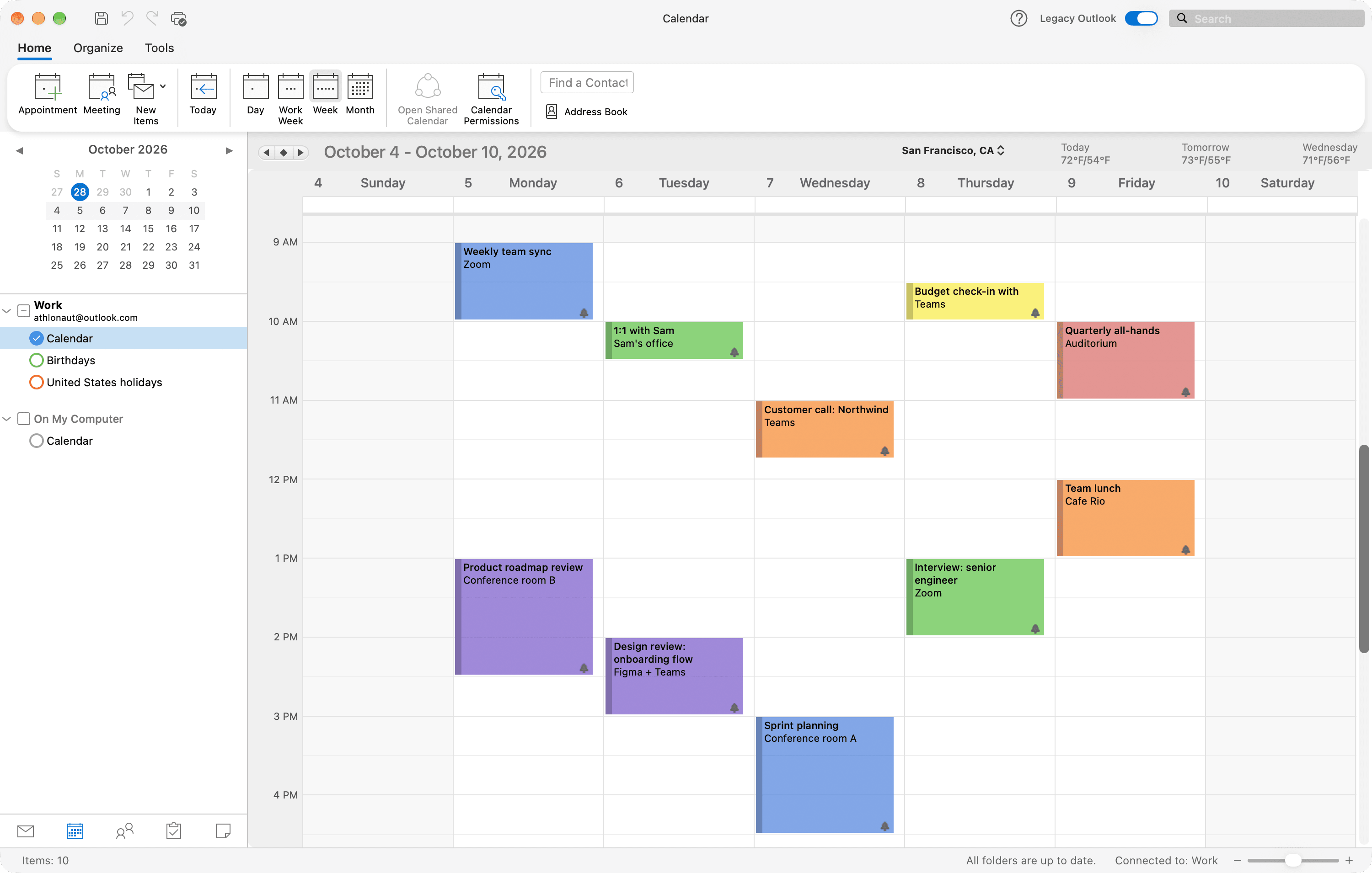 A week of work meetings in Outlook for Mac, color-coded, with titles and rooms